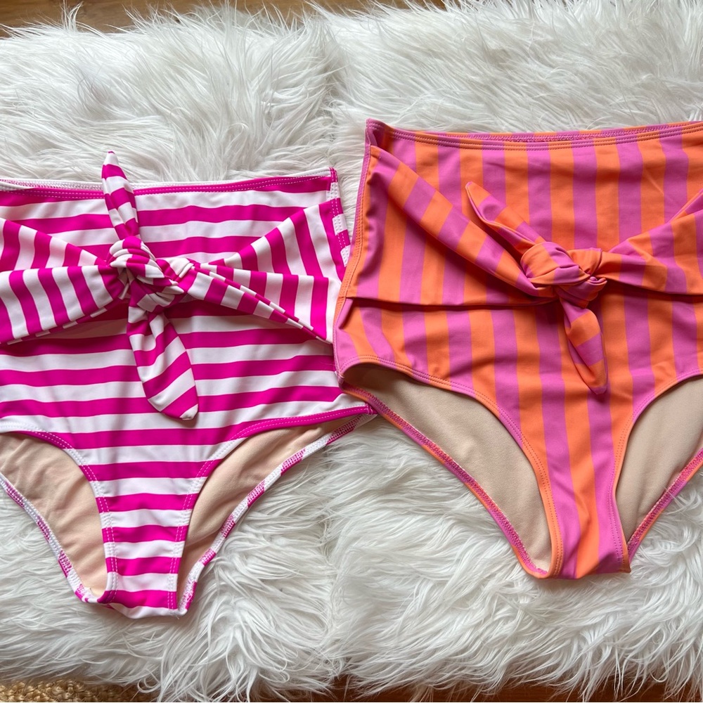 2 Pairs Kortni Jeane Striped Tie Front Bikini Swim Bottoms Dunkin Fuschia Stripe